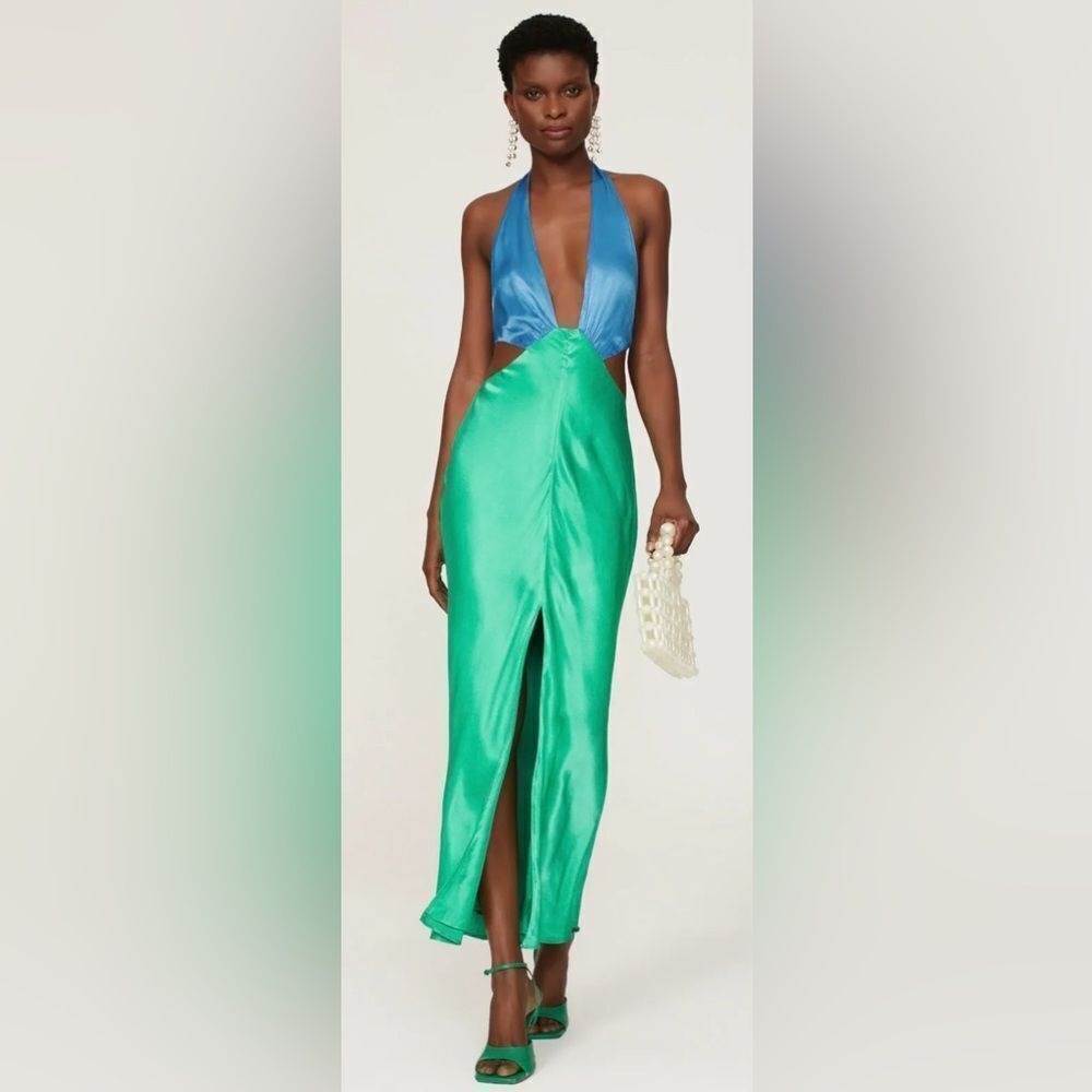 San Sloane 100% viscose Blue and Green Plunge Halter Dress, M
